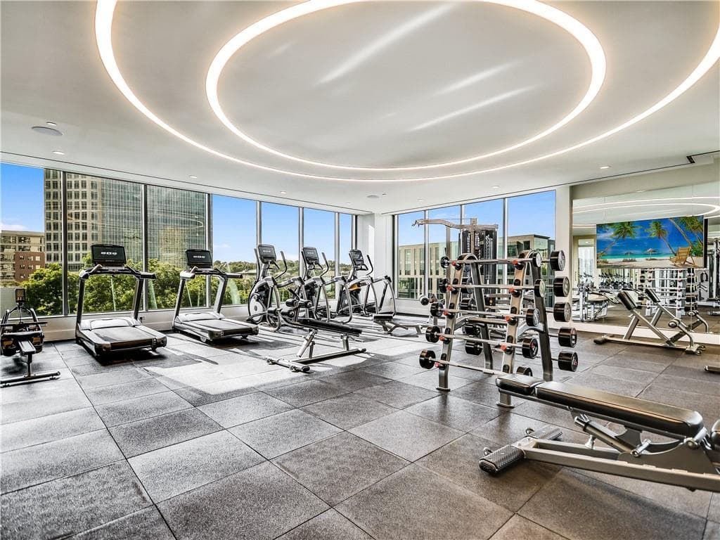 Fitness studio at Fifth & West with floor-to-ceiling windows