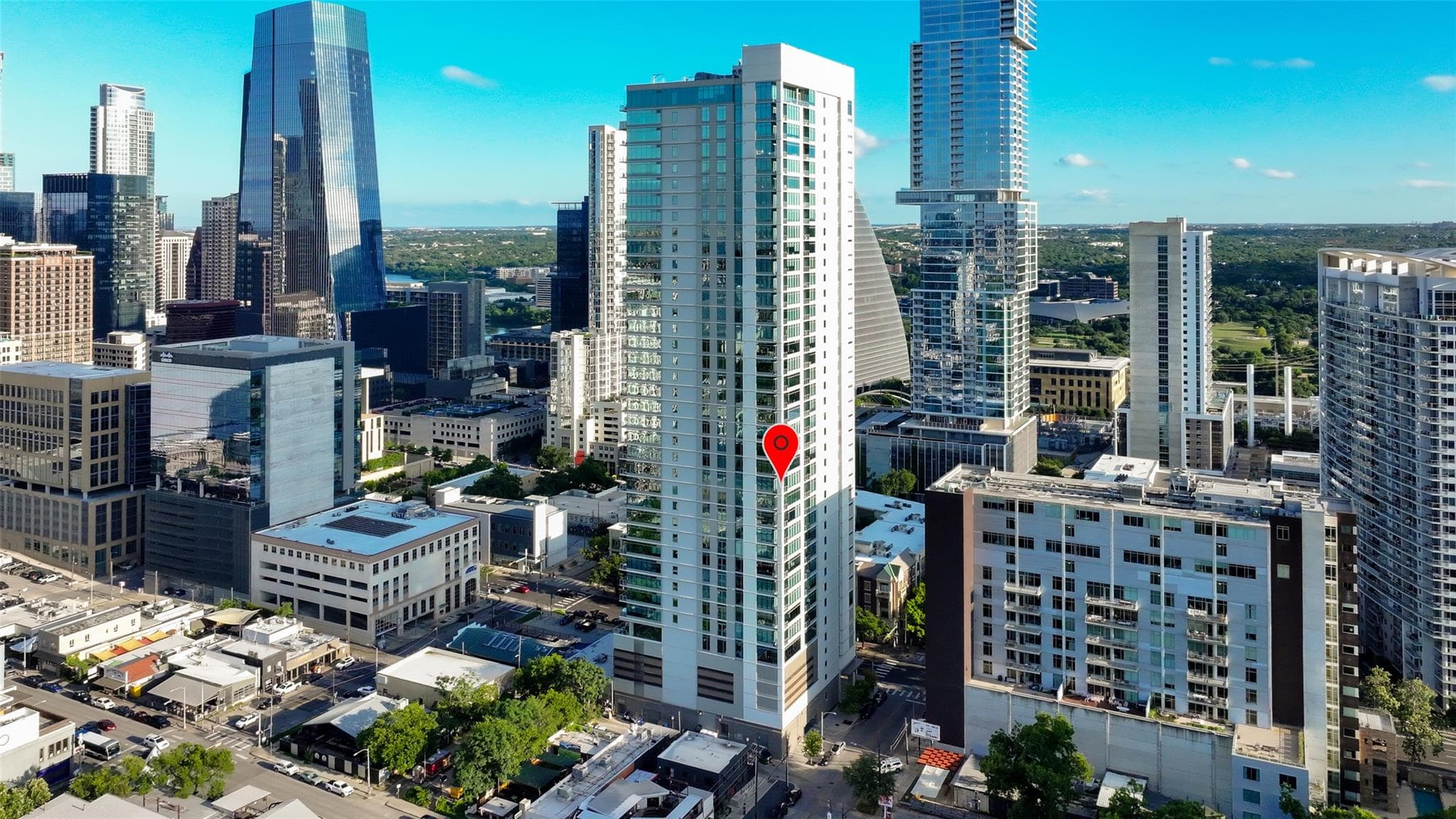An aerial perspective reveals a vibrant urban lan