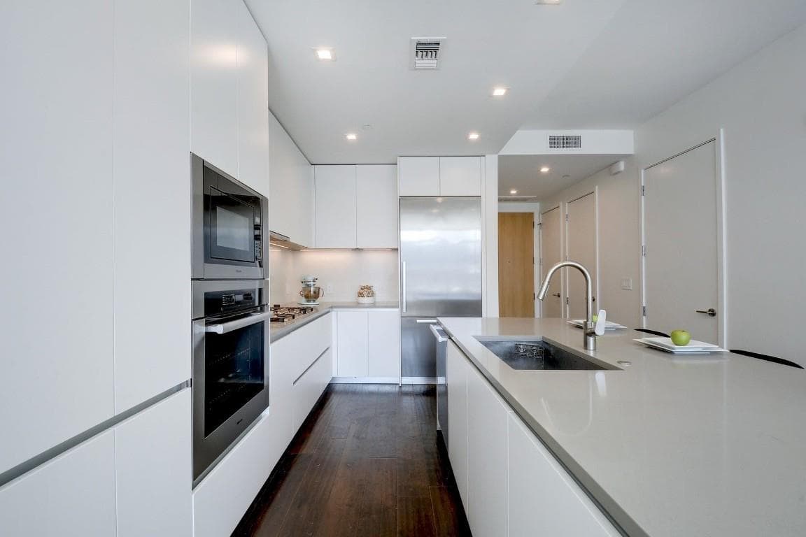 Kitchen featuring modern cabinets, white cabinetr