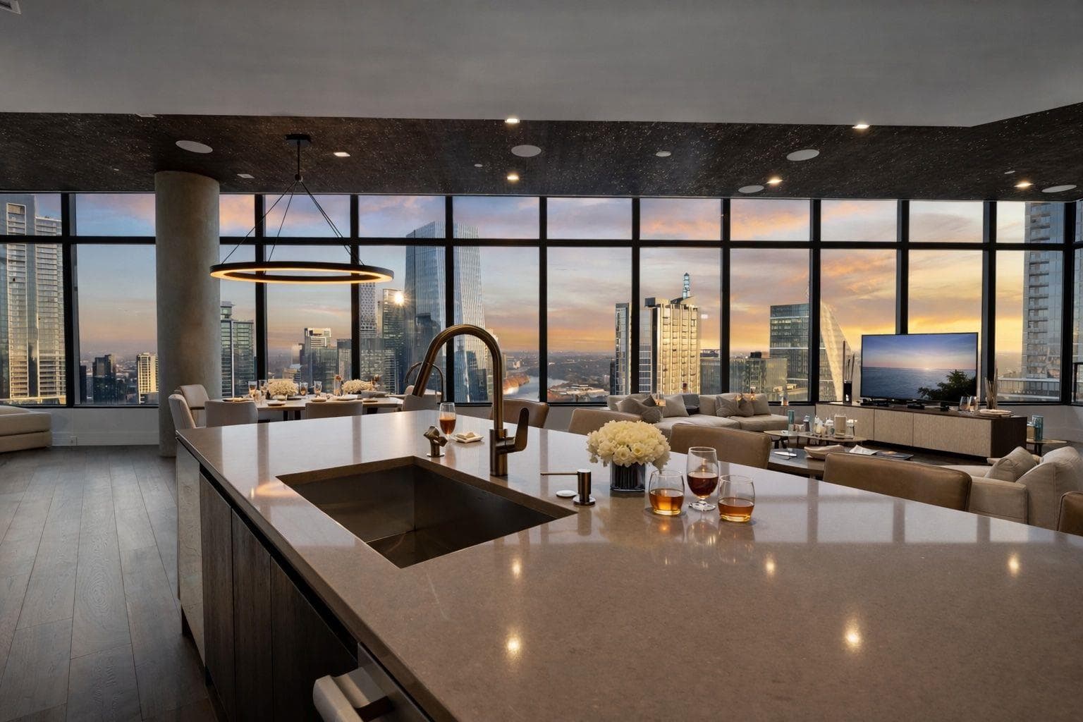 Kitchen with open floor plan, dark stone counters