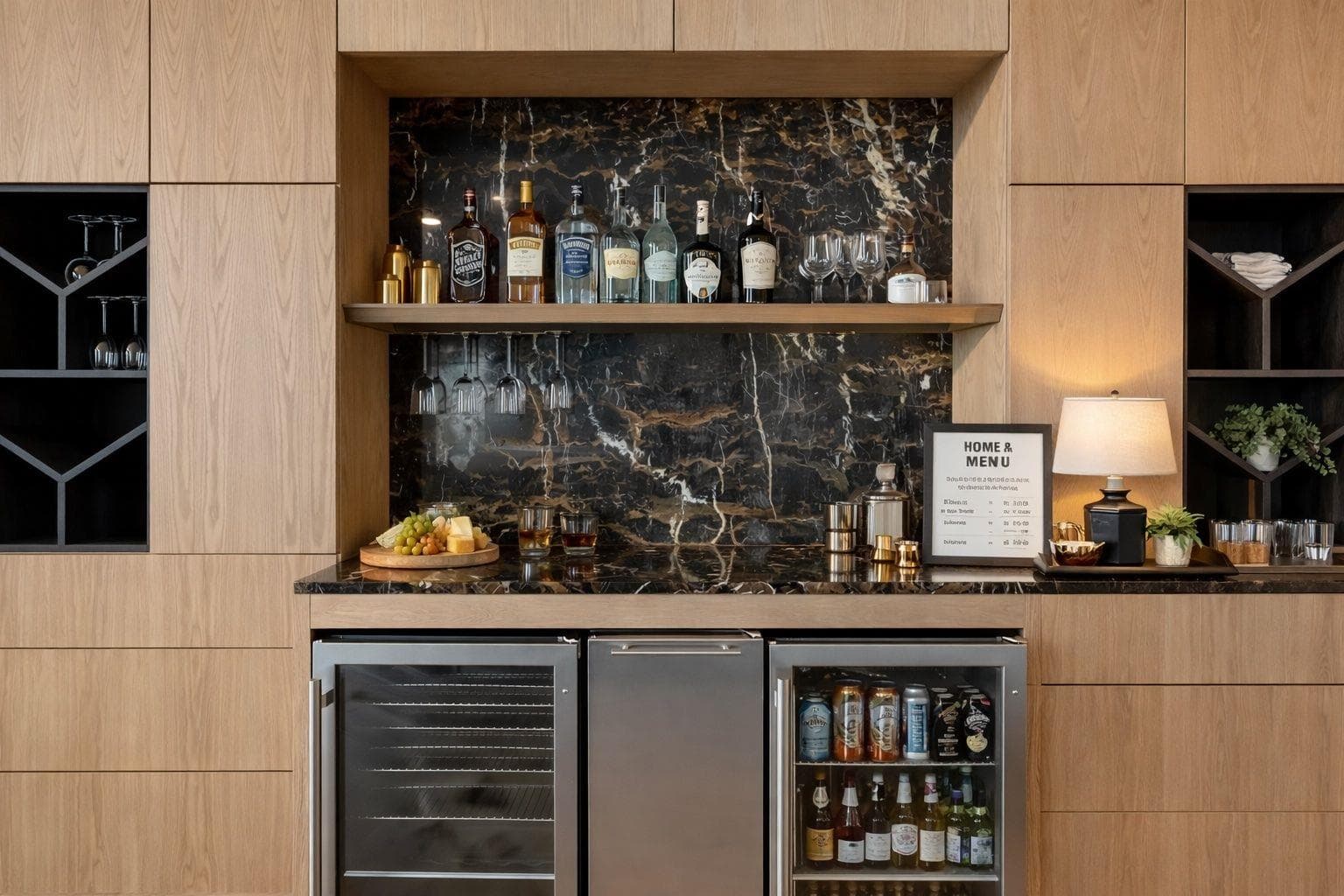 Indoor dry bar with light wood finish cabinets, m