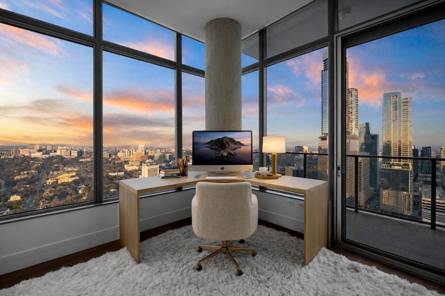 Home office featuring wood finished floors and ba