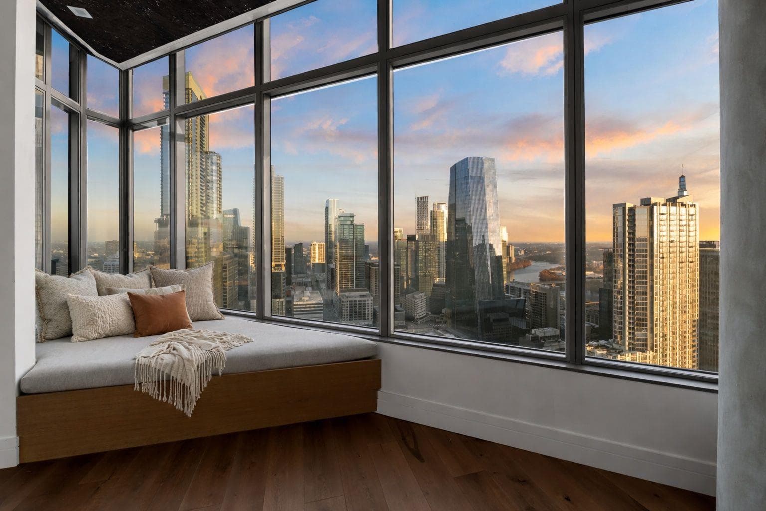Bedroom with a view of skyline, dark wood-style f