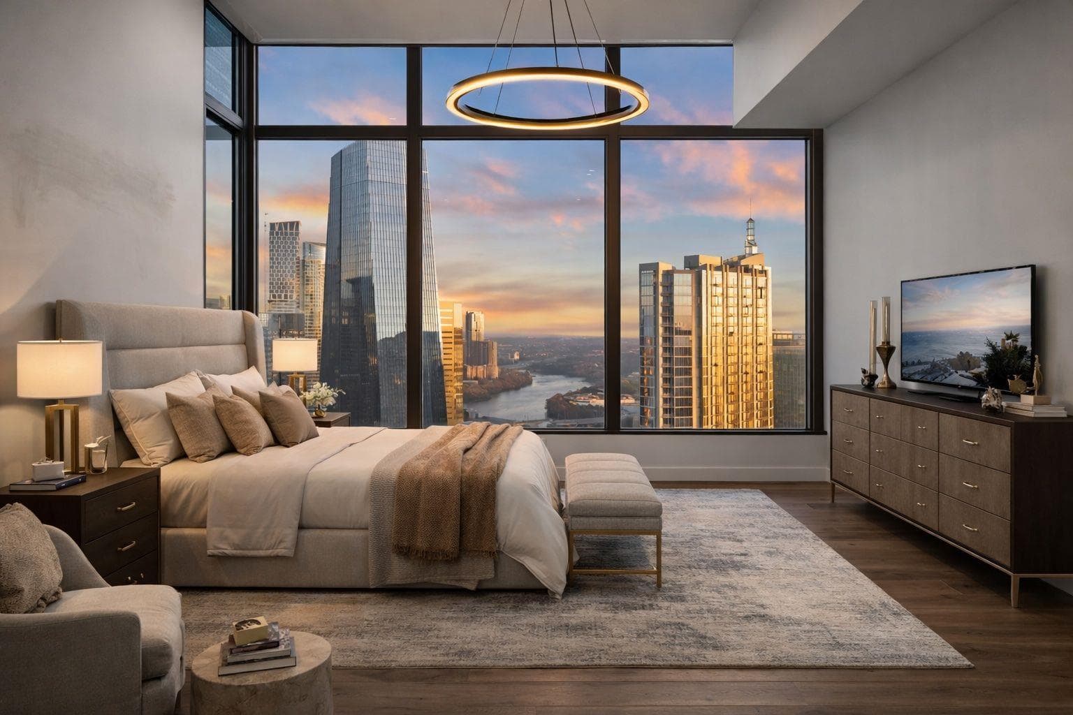 Bedroom featuring dark wood-type flooring and bas