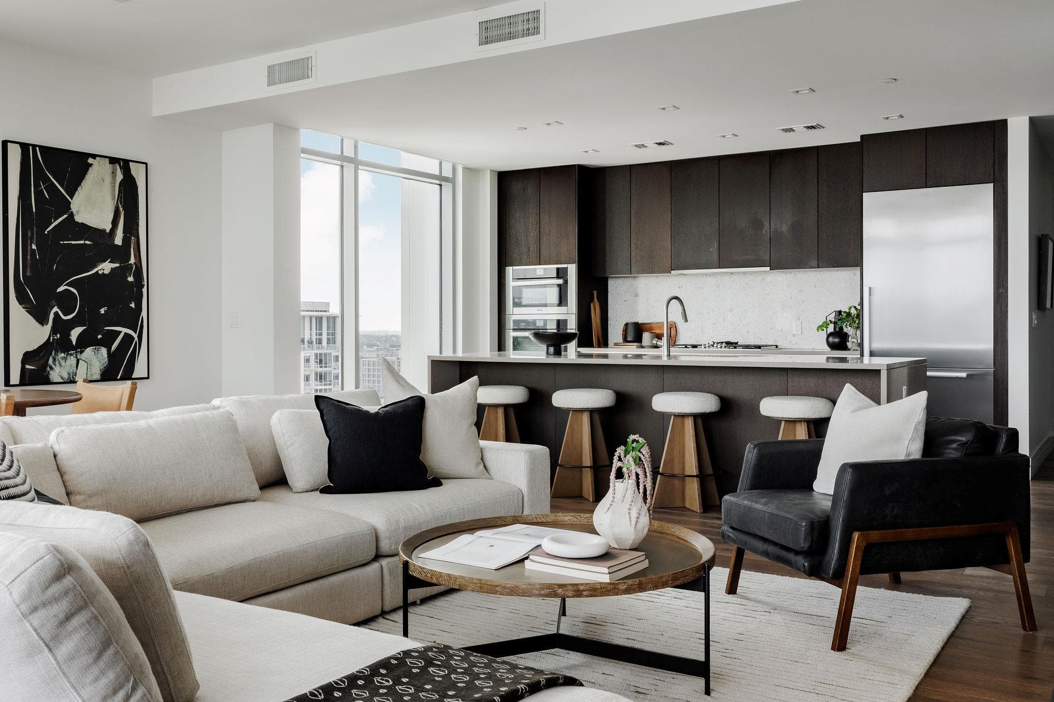An open concept living and kitchen area offers a